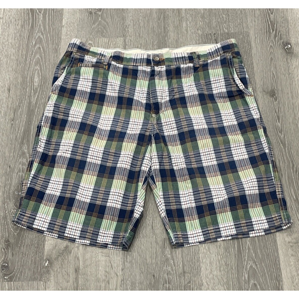 Tommy Bahama Jeans Shorts Casual Flat Front Green Blue Orange Plaid Men's 38